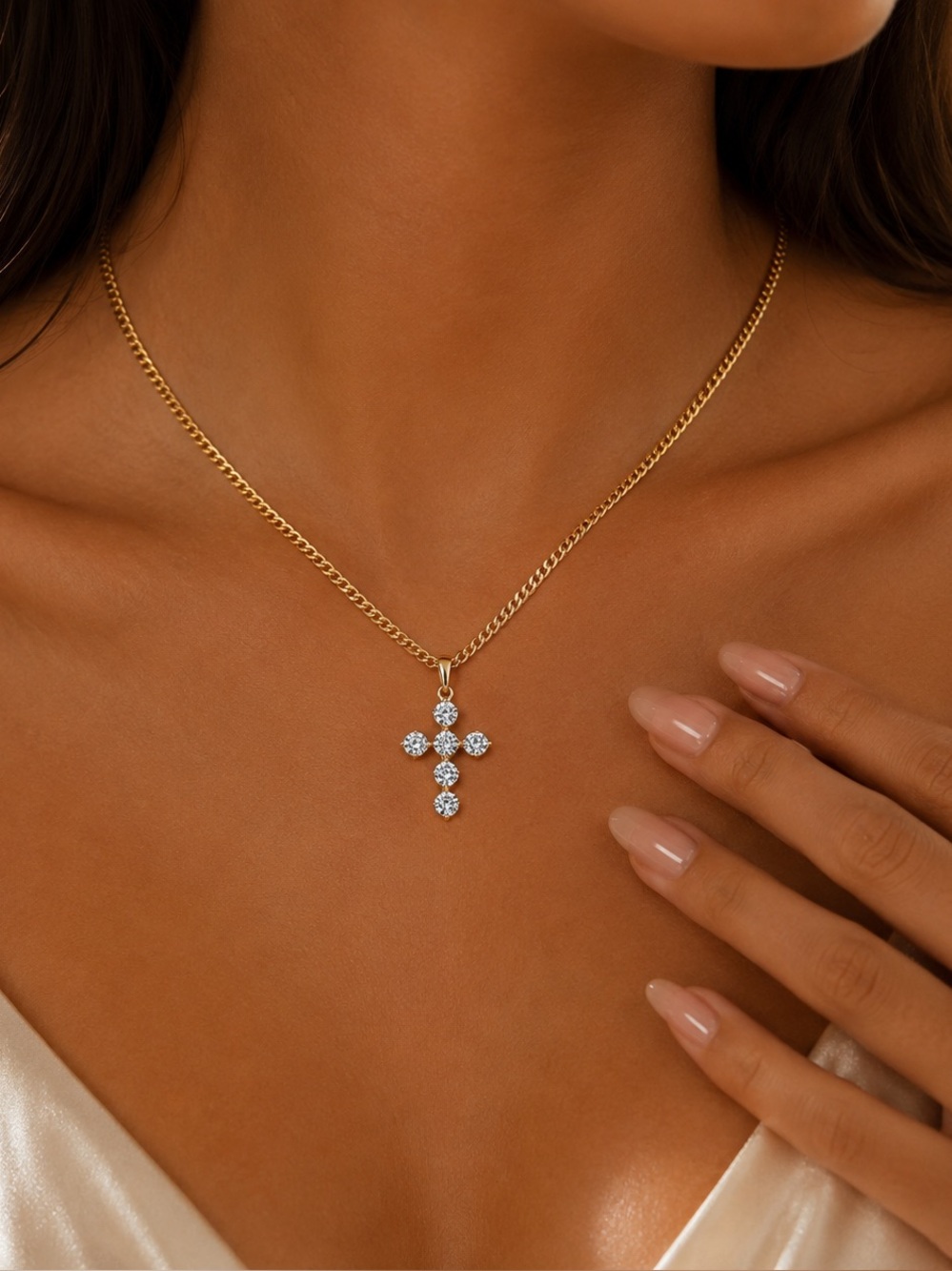 Women’s Gold Cross Pendant Necklace with Cubic Zirconia, 18K Gold Plated, Gift
